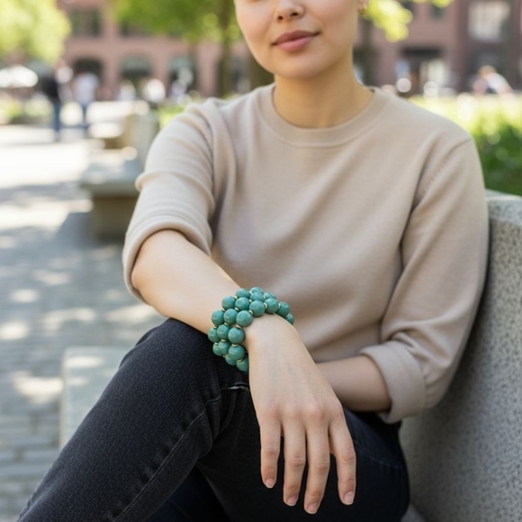 New! Chunky Beaded Stretch Bracelet Set (3) – Green Statement Jewelry - Picture 6 of 8